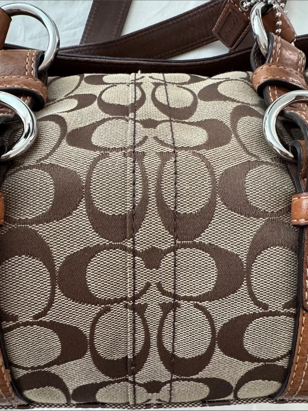 Coach Brown Signature Canvas Shoulder Bag with Tan Leather Trim